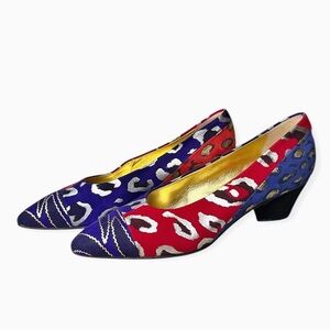 Vintage 80s Andrea Pfister Couture Red & Blue Leopard Print Suede Shoes, sz 7